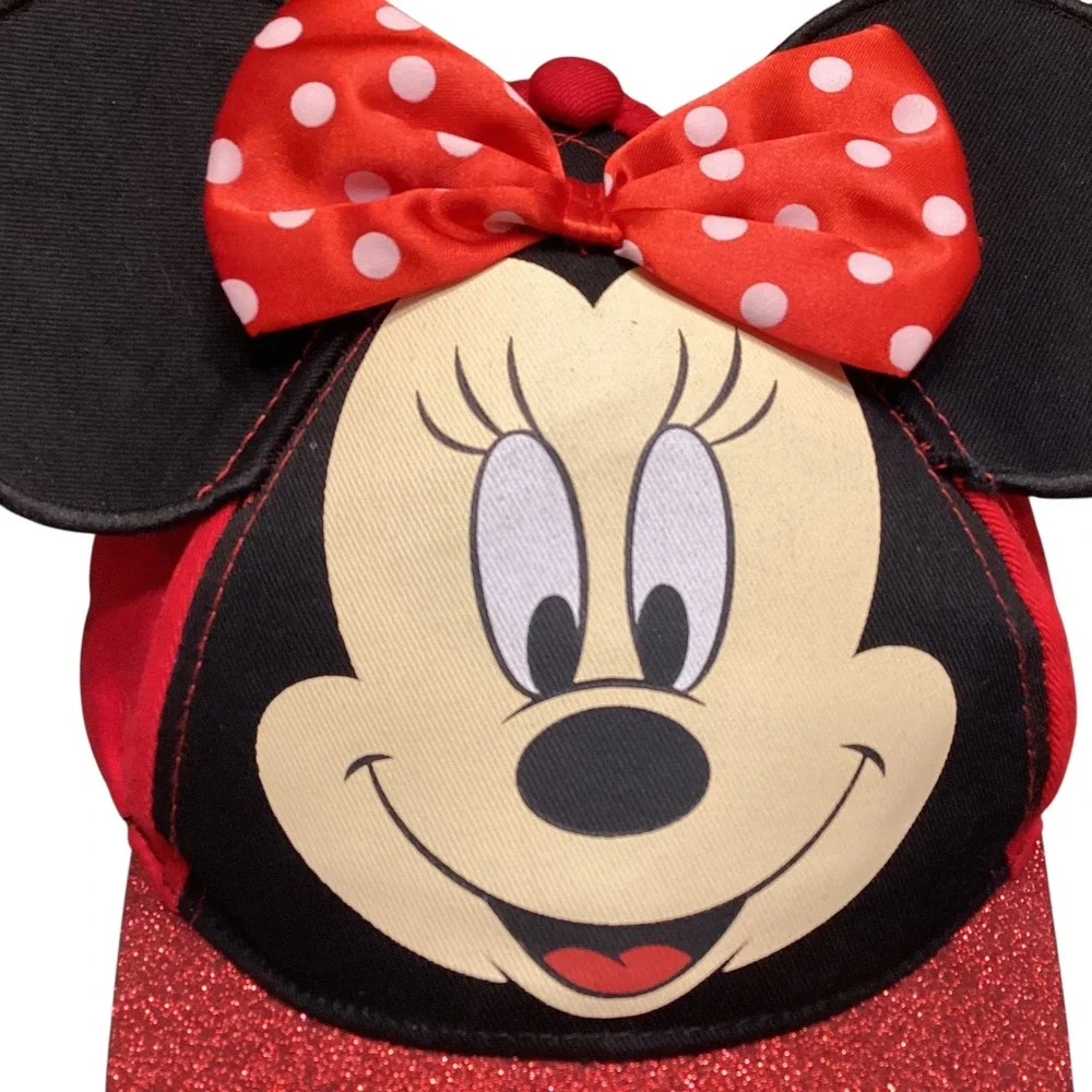 Disney Minnie Mouse Girls Red Glitter Baseball Cap 3D Ears Polka Dot Glitter EUC
